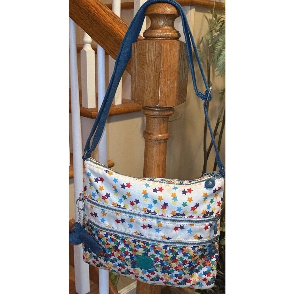 VTG Y2K KIPLING Crossbody Bag w/Stars Print Multicolor Monkey Charm Woman Purse